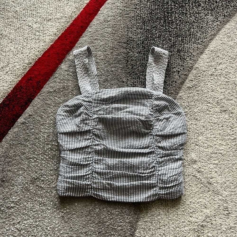 Pilcro Stripped Gray Seersucker Smocked Cropped Tank Top